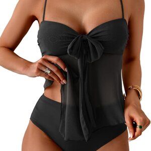 Luxury V-Neck Women's Tankini - Adjustable & Push-Up, Flowy Swim Set in Black